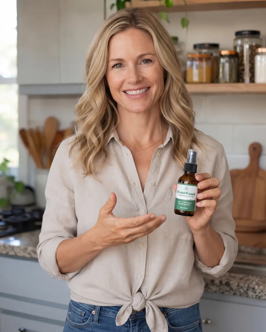 Rebecca Torres holding BreathEaseX spray in her kitchen